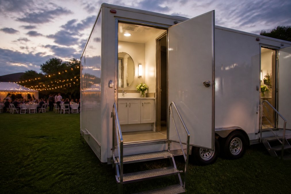 A luxury restroom trailer with an open door showing a clean, well-lit interior with a vanity mirror and running water sink, parked on a grassy wedding venue at dusk with string lights in the background