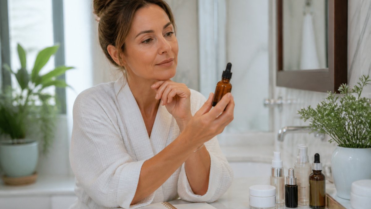 A woman in her 40s examining a skincare serum bottle in a bright bathroom, with a notebook and pen nearby for tracking results