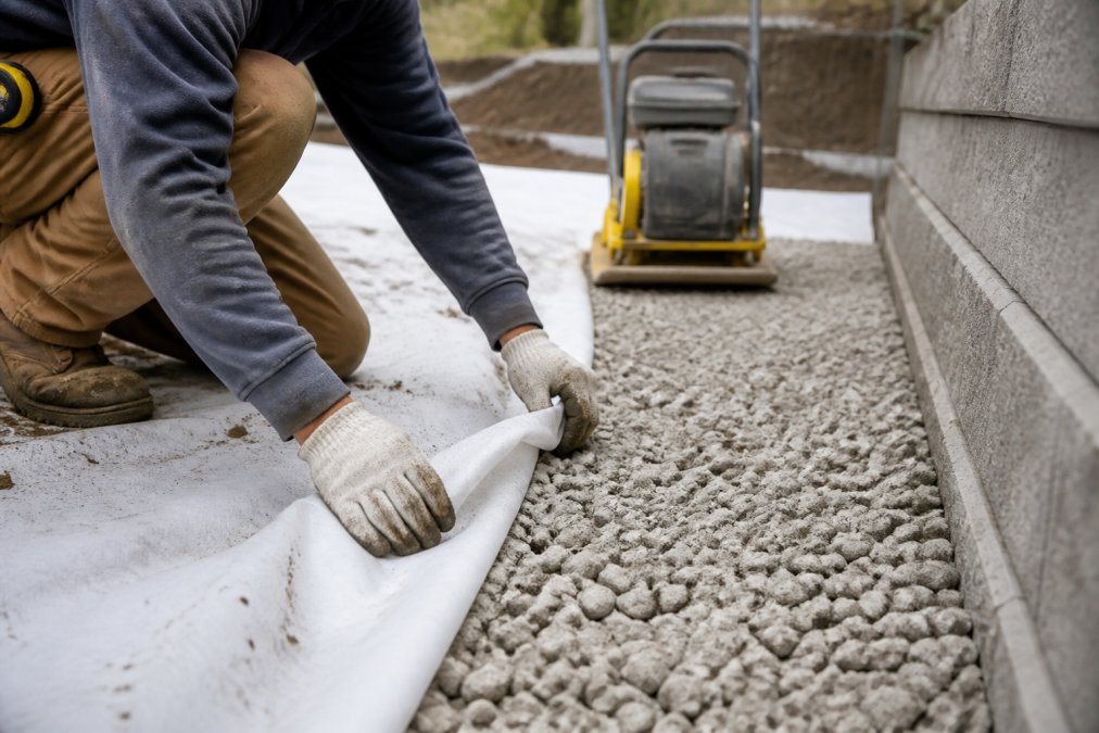 Hands of construction worker placing white filter fabric and gray crushed limestone base material during retaining wall foundation preparation, showing proper layering technique with compaction equipment visible in background