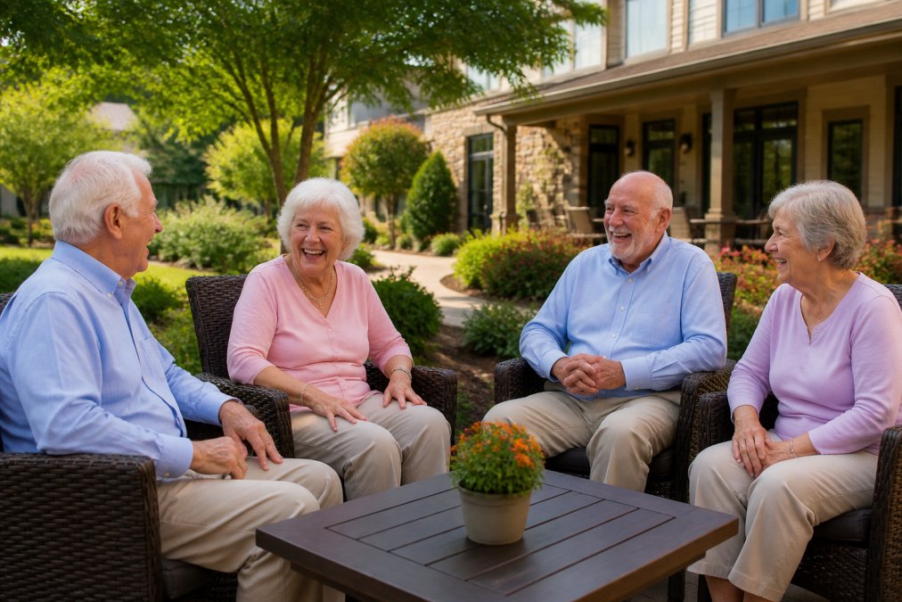 Active seniors socializing on a sunny patio at one of the best retirement communities in Upstate SC for seniors