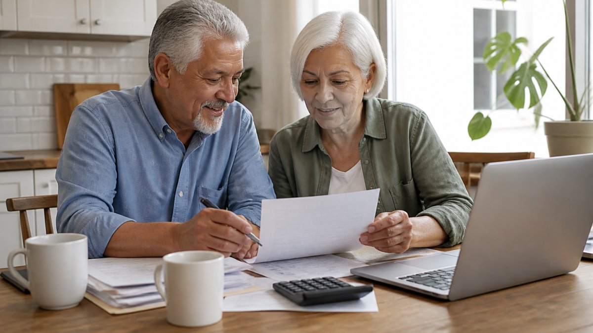Retired couple reviewing a retirement income planning dashboard on a laptop at a kitchen table