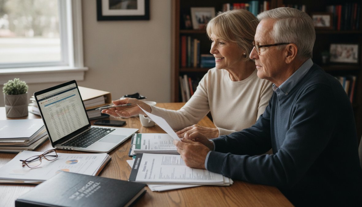 Professional illustration showing mature and couple and sitting concepts for best retirement income strategies for couples