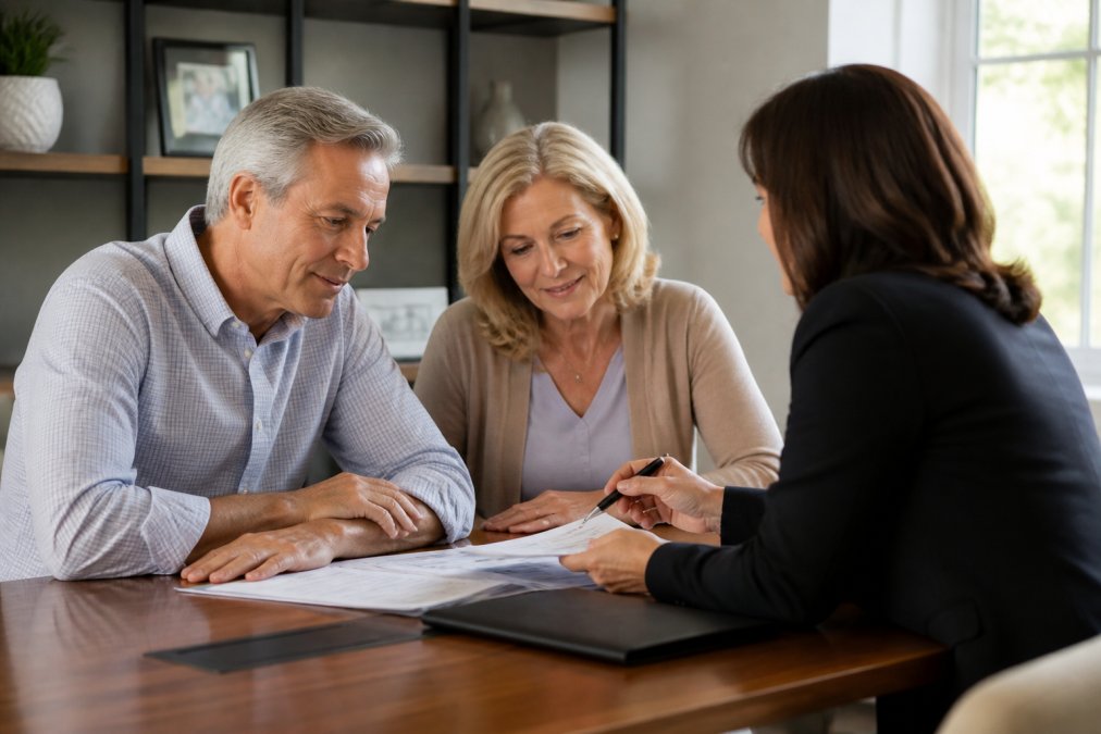 A mature couple meeting with a financial advisor at a desk in a professional office, reviewing retirement documents and discussing plans together with warm natural lighting