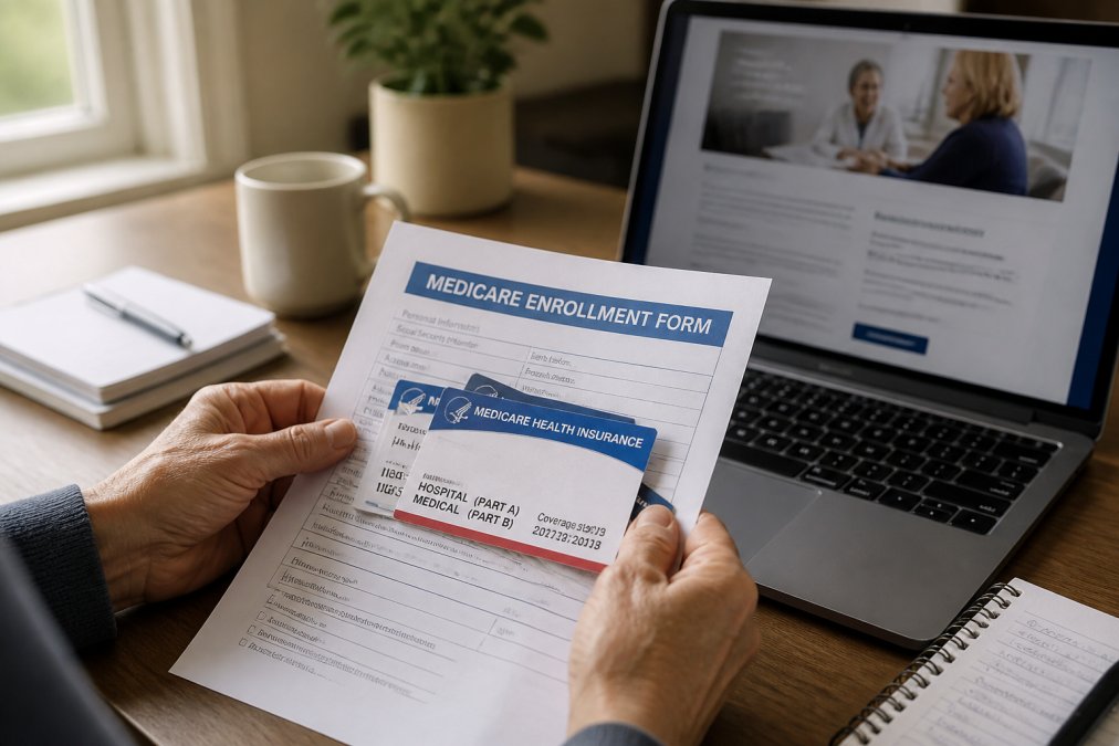 Close-up of hands holding Medicare enrollment documents and insurance cards with a laptop showing healthcare information in a home office setting with natural afternoon lighting