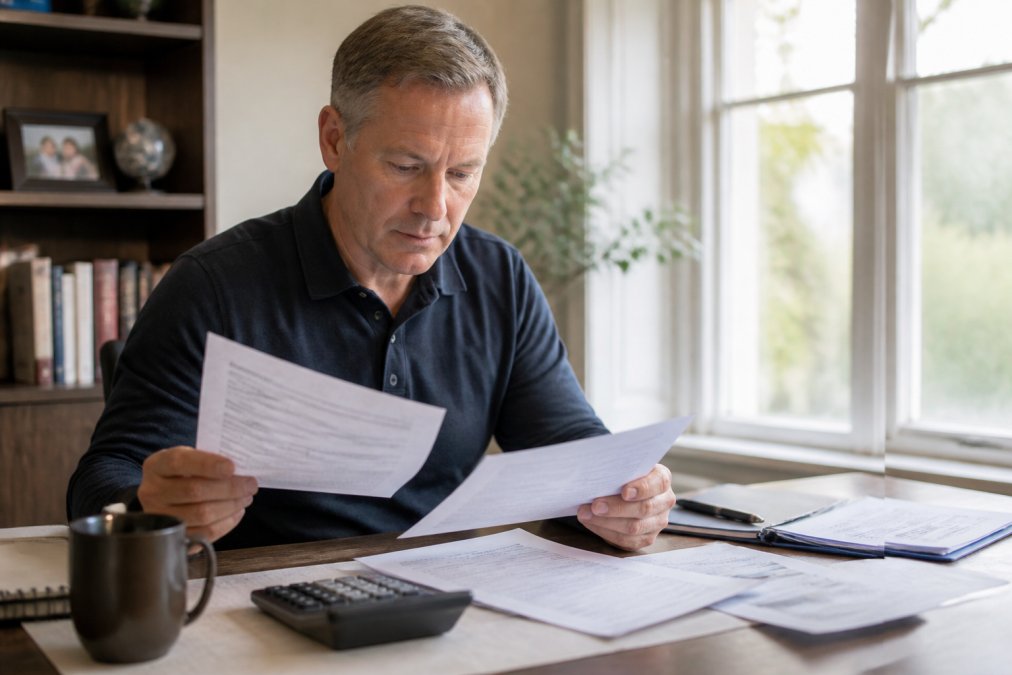 Man in his fifties reviewing financial documents for retirement planning strategies at a home office desk.