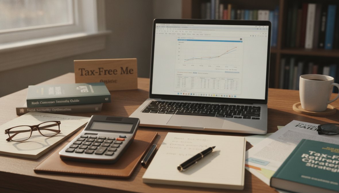 Financial advisor and retiree reviewing retirement tax planning documents on a laptop at a desk with a calculator, notepad, and market analysis charts in natural office lighting