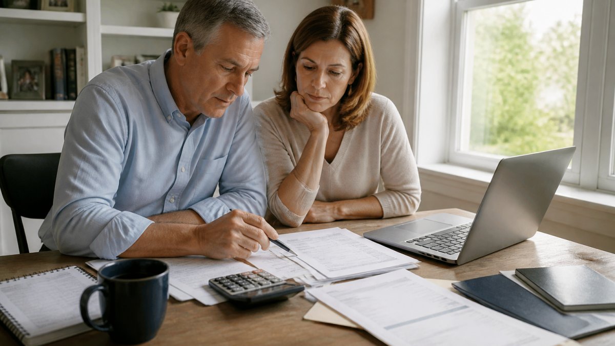 A couple in their 50s sitting at a home office desk reviewing retirement documents, laptop screen visible showing a retirement calculator, financial papers and a calculator spread across the desk, natural afternoon lighting from a window