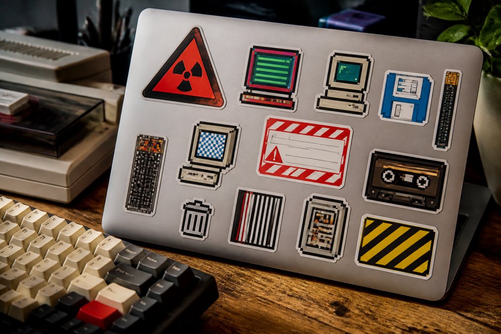 Close-up of a laptop lid covered with retro computer aesthetic sticker packs including warning labels and pixel art designs, resting on a wooden desk next to a mechanical keyboard