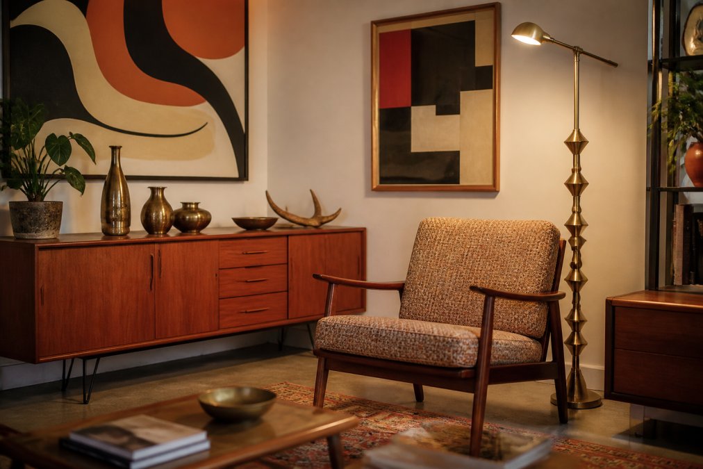 Vintage den featuring a teak credenza, mid-century chair, and brass lamp, found at the best retro decor shop for collectors.
