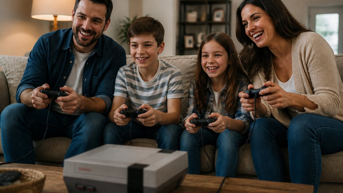 Family of four sitting on a couch together playing a retro gaming console, with parents and children holding controllers and smiling at the TV screen in warm living room lighting