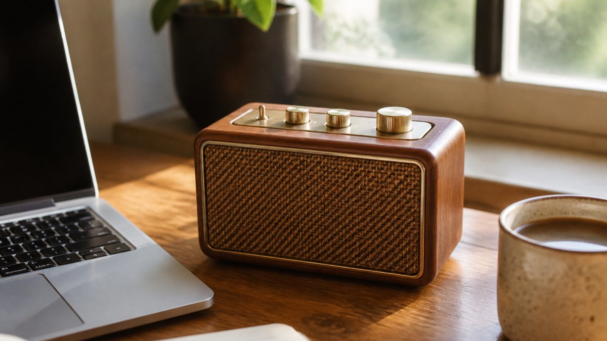 Close-up of a small retro-style Bluetooth speaker with a wood finish and brass-toned knobs sitting on a wooden desk beside a laptop and a cup of coffee, warm natural light through a window