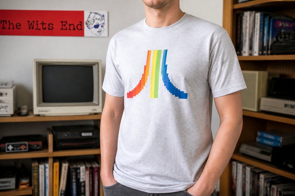 Person wearing a retro Atari-themed t-shirt with pixel-perfect graphics in natural daylight, showing the brushed aluminum color and fabric texture