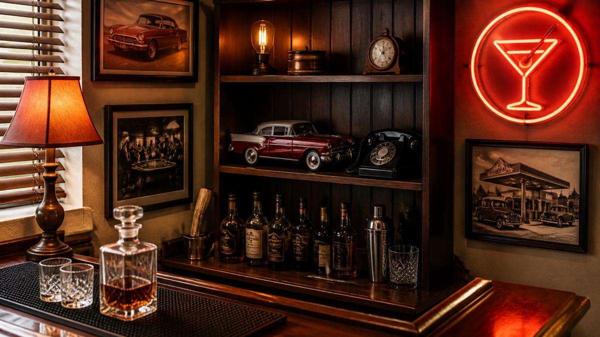 Warmly lit home bar corner featuring a neon sign, vintage car model, and a rotary phone on a wooden shelf.