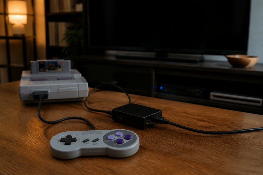 A vintage game console connected to a modern flat-screen TV via an upscaler, HDMI cable visible, classic controller resting on a coffee table in a dim home entertainment setup