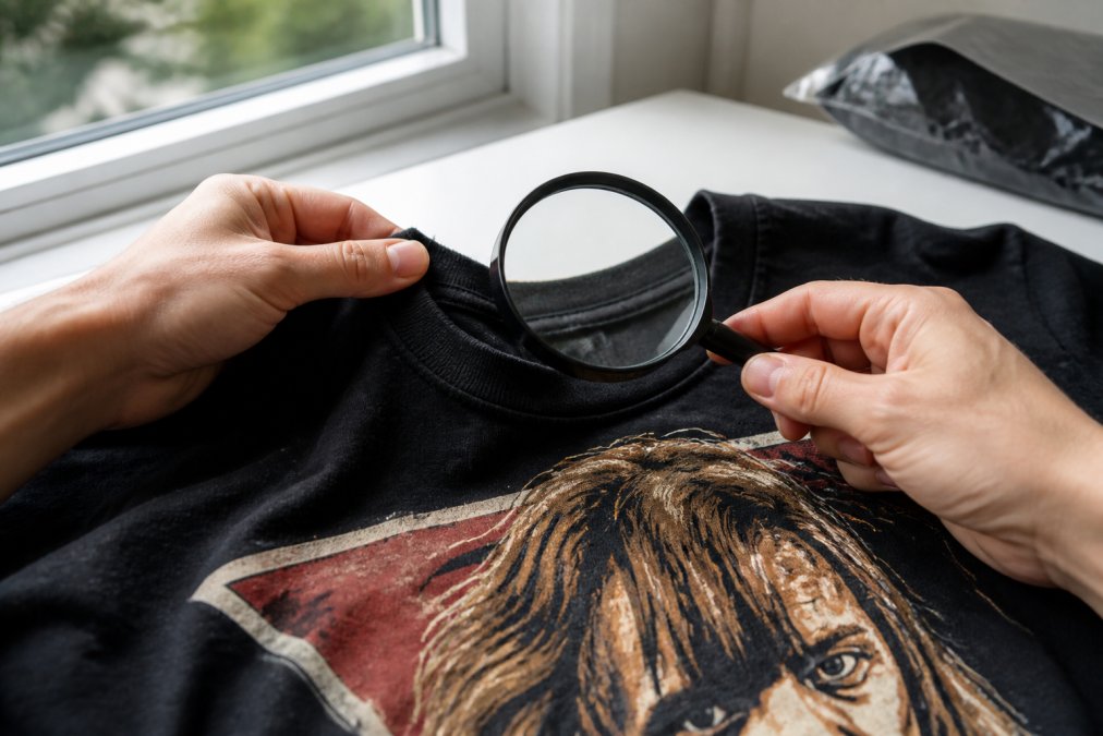 Close-up of someone carefully inspecting a graphic band tee under natural window light, checking the collar seam and print quality with a magnifying glass on a clean white surface