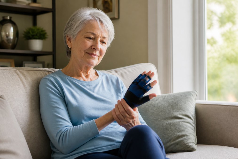 Older adult sitting comfortably at home with a cold compression finger wrap applied to their hand, appearing relaxed and at ease with natural window lighting