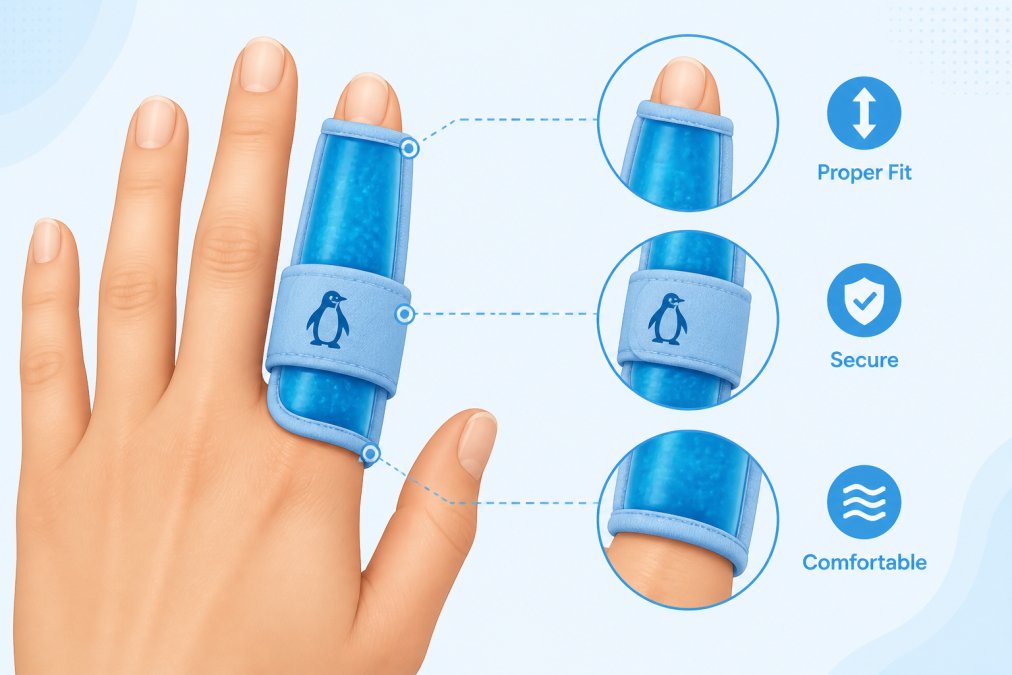 Close-up of a person's hand wearing a gel pack finger wrap, showing proper fit and positioning on the finger with the wrap secured comfortably around the joint