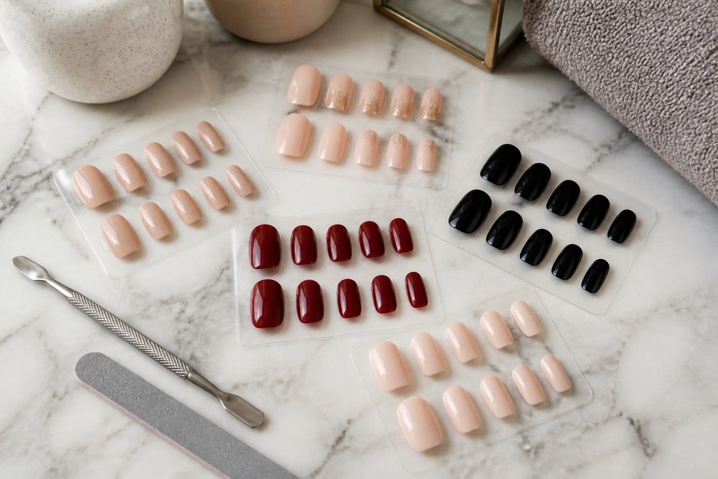 Overhead flat-lay of several reusable press-on nail sets arranged on a marble vanity, showing almond and square shapes in neutral, red, and black shades, with a cuticle pusher and nail file nearby
