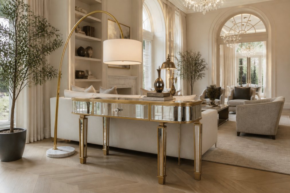 Elegant modern living room featuring a gold arc floor lamp beside a white sectional sofa, mirrored console table with crystal knob, and neutral upholstered seating arranged with warm ambient lighting and natural wood accents