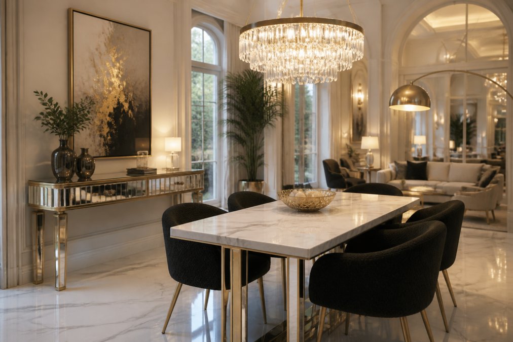 Sophisticated modern living room with gold crystal chandelier suspended above a faux marble dining table, black boucle chairs, mirrored console table with crystal knob, and warm ambient lighting from arc floor lamp, creating layered visual composition and spatial harmony