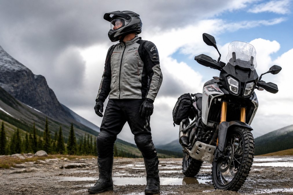 Rider wearing full protective gear including Alpinestars jacket with visible CE armor, gloves, and boots standing beside motorcycle in mixed weather conditions, showing layered armor placement and high-visibility elements
