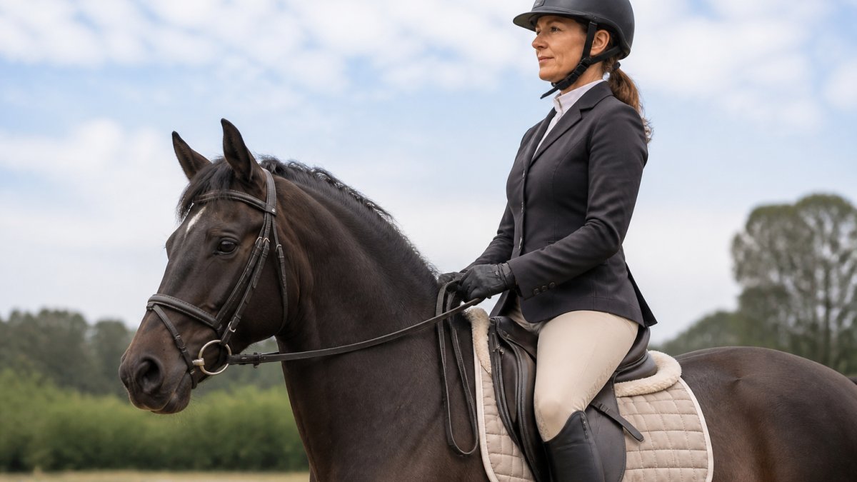 Woman in her 40s mounted on a horse, wearing well-fitted beige riding tights and a structured riding jacket, demonstrating secure posture and comfort in the saddle during a calm ride in natural daylight