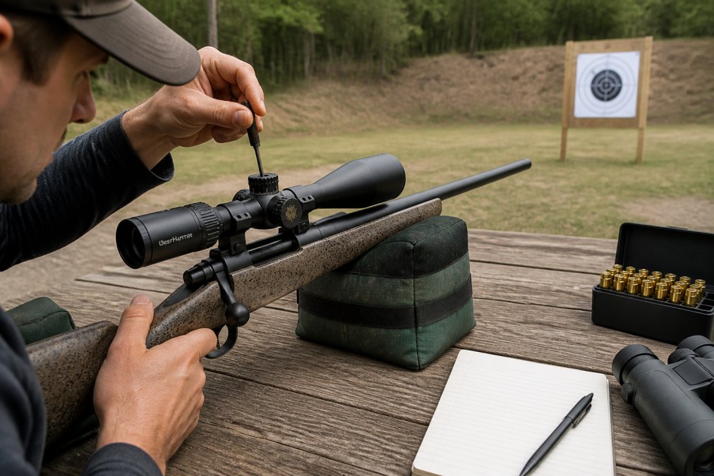 Hunter at a wooden shooting bench adjusting rifle scope elevation turret with a screwdriver, rifle mounted in a sandbag rest, target downrange with bullet holes visible