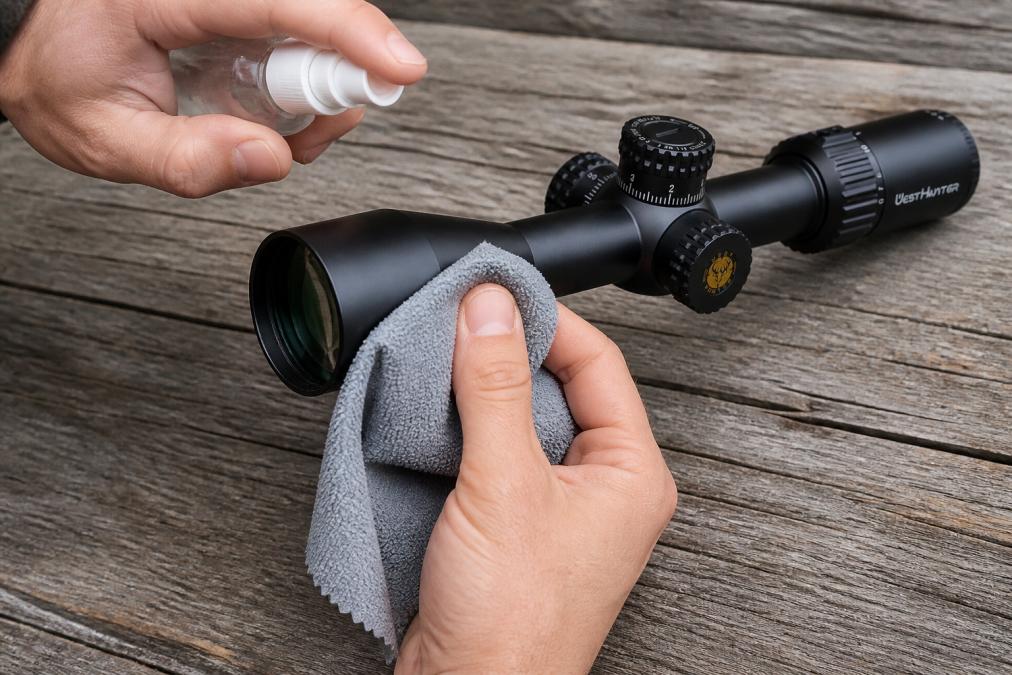 Close-up of hands gently cleaning rifle scope objective lens with microfiber cloth and lens cleaning solution, showing proper maintenance technique with soft touch
