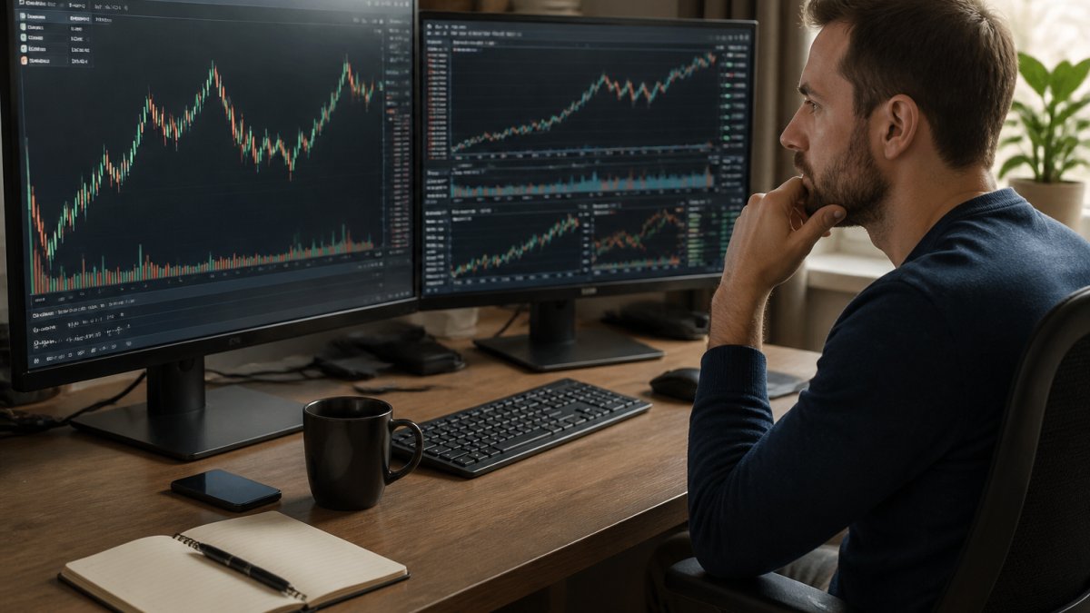 Trader reviewing MT5 charts and equity curves while adjusting risk management settings at a home desk