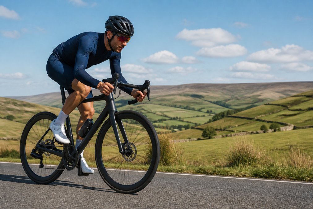 Competitive cyclist in racing position on a road bike equipped with mid-depth carbon wheels, riding through open countryside with rolling hills and clear sky