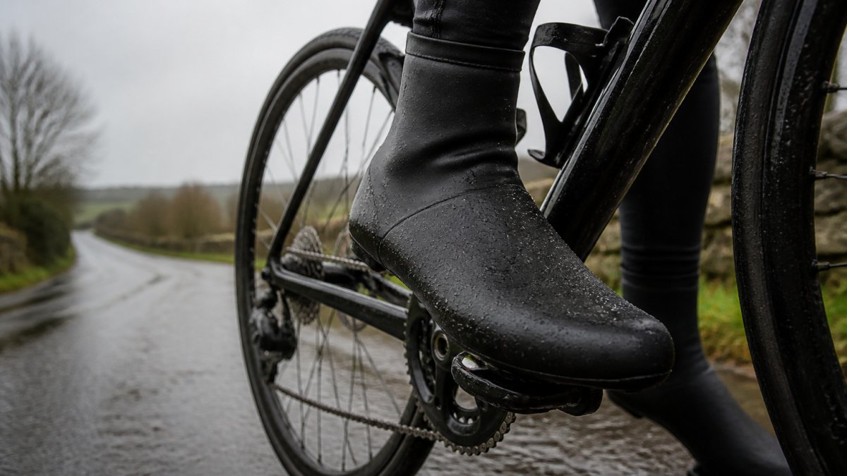 Cyclist's feet in waterproof winter cycling boots clipped into pedals on a wet country lane.