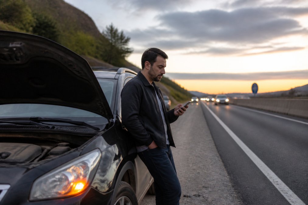 A driver standing beside a disabled vehicle on the side of a highway at dusk, looking at their phone while waiting for roadside assistance to arrive