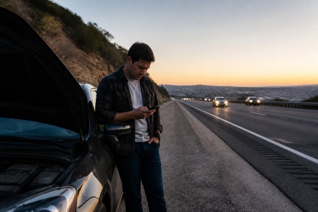 Professional illustration showing driver and standing and beside concepts for roadside assistance