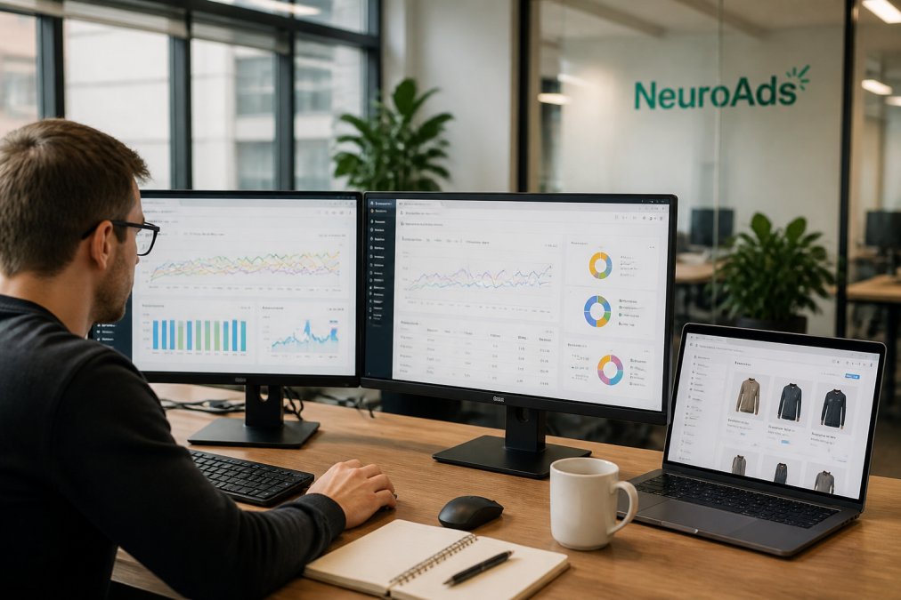 Marketing manager analyzing Shopify ROAS tracking data on dashboard monitors in a bright modern office