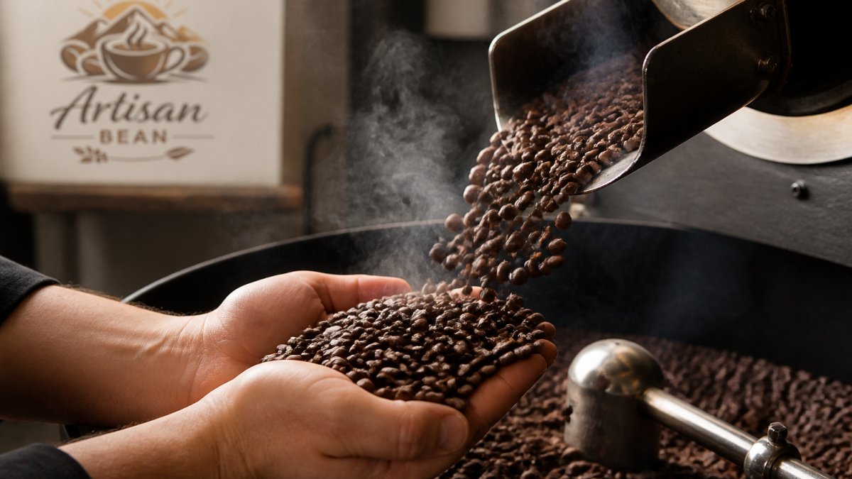 Close-up of freshly roasted coffee beans being poured into a hand with steam rising, roastery equipment visible softly in background