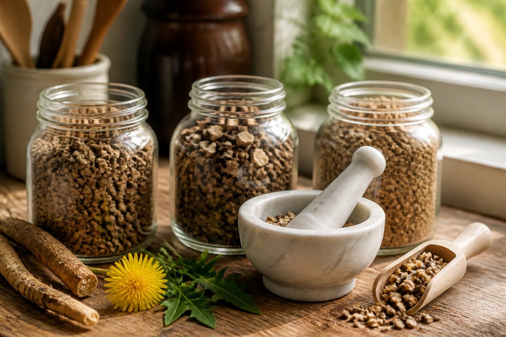 Close-up of freshly roasted chicory root, dandelion, and grain alternatives displayed in glass jars with a mortar and pestle on a wooden surface, warm natural lighting from a window
