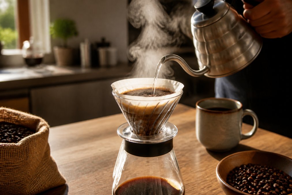 Hands pouring hot water over ground roasted plant alternative in a pour-over cone, steam rising visibly, coffee mug in background on a kitchen counter with natural morning light