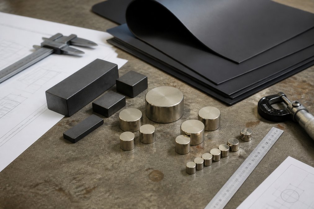 Close-up of various magnet types including neodymium discs, ferrite blocks, and flexible rubber sheets arranged on a workbench with technical specification sheets and measurement tools nearby