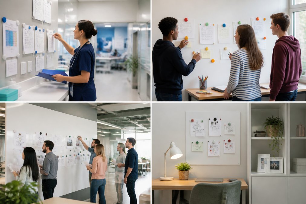 Diverse workplace and home scenes: a healthcare professional using a magnetic whiteboard at a hospital nursing station, students collaborating at a magnetic wall in a bright classroom, an open-plan office team organizing project materials on a magnetic wall, and a modern home office with magnetic wall organizing family schedules and work notes