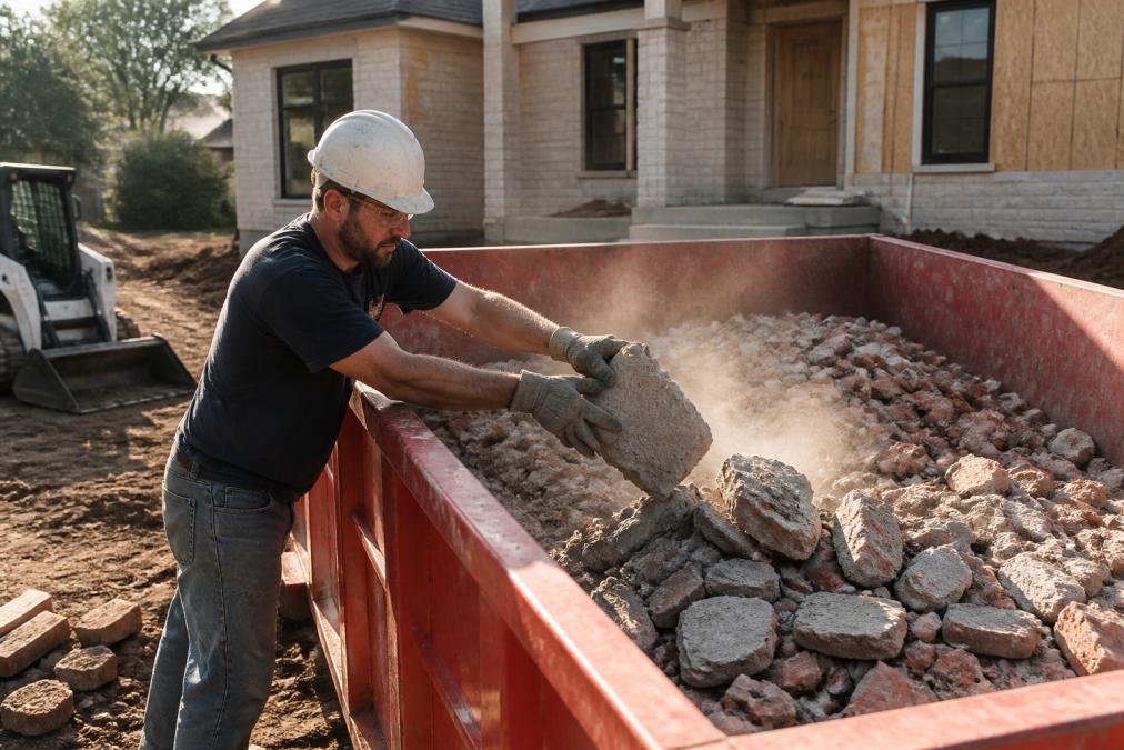 A construction worker in safety gear and work gloves loading broken concrete chunks and red brick into a roll-off dumpster on a residential job site, morning sunlight, dust in the air