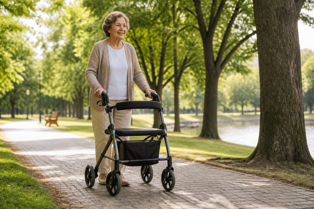 Senior woman walking confidently on a park path using one of the best rollator walkers for outdoor use.