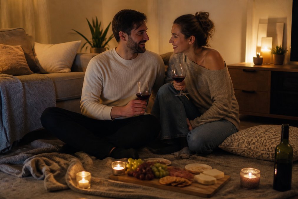 A couple in their 30s sitting on a cozy living room floor with a charcuterie board, wine glasses, and candles, smiling at each other in warm evening light
