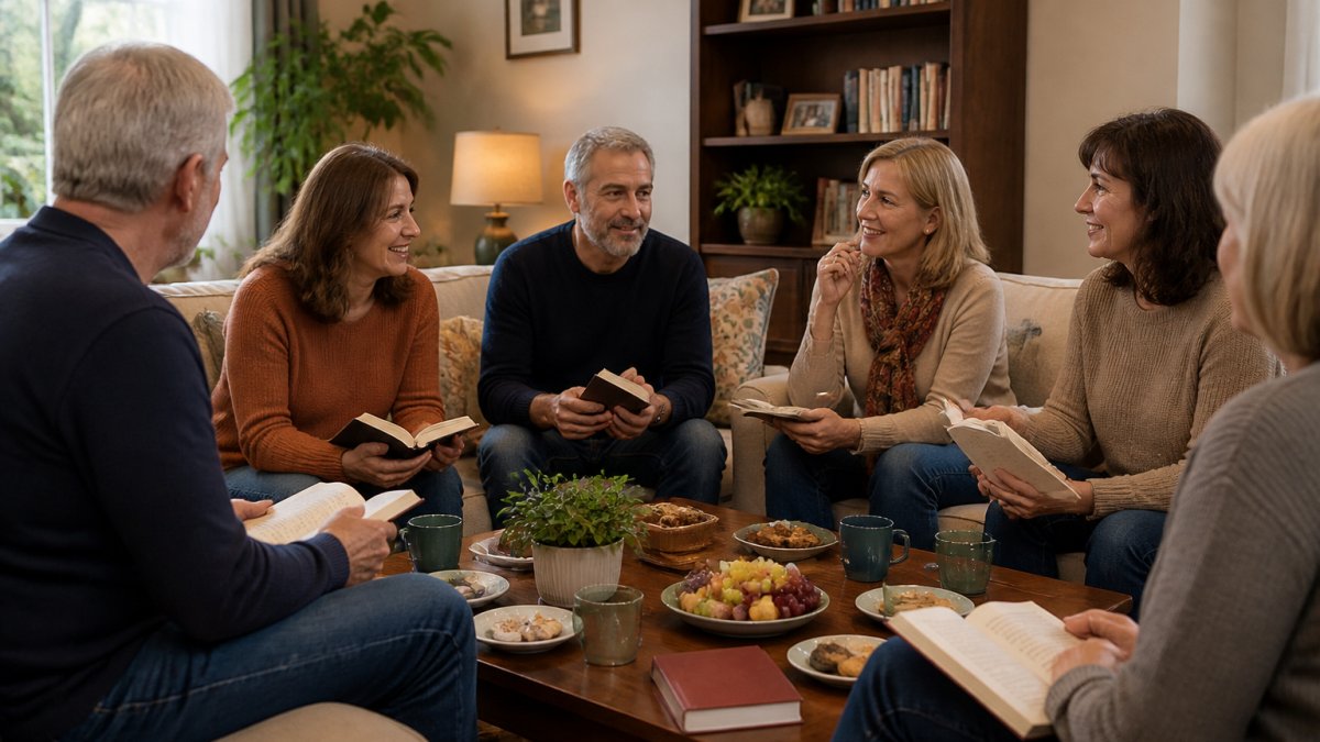 A warmly lit living room with a group of adults in their 50s seated in a circle, holding paperback novels and notebooks, discussing a book over coffee and snacks on a low table
