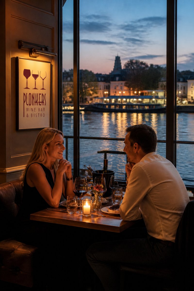 Infographic illustrating the top features of romantic riverside restaurants at Plonkers Wine Bar