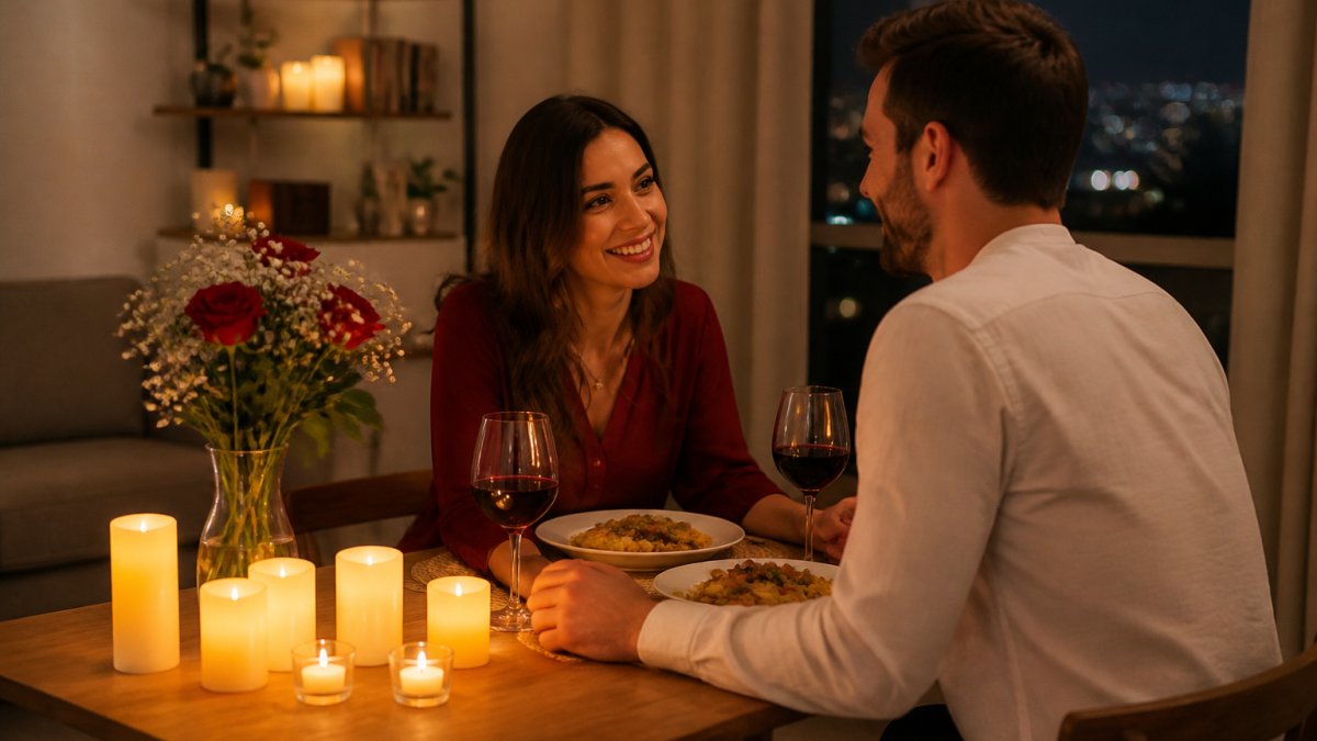 A couple sharing a candlelit dinner at a small dining table set for two, warm amber lighting from flameless candles, wine glasses, and a home-cooked meal, cozy apartment setting at night