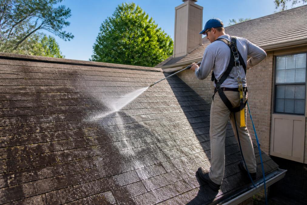 Technician using a soft wash sprayer for roof cleaning on asphalt shingles with black algae streaks