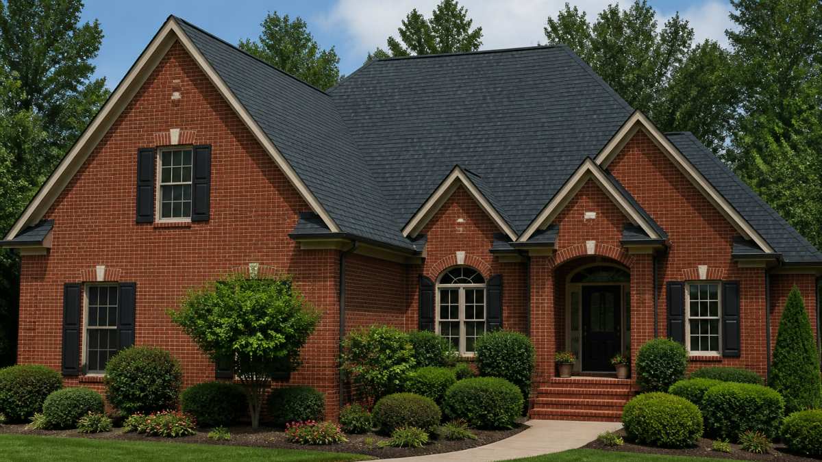 Brick house exterior with charcoal-colored roof shingles against warm red brick facade, clear daylight, professional residential setting with landscaping