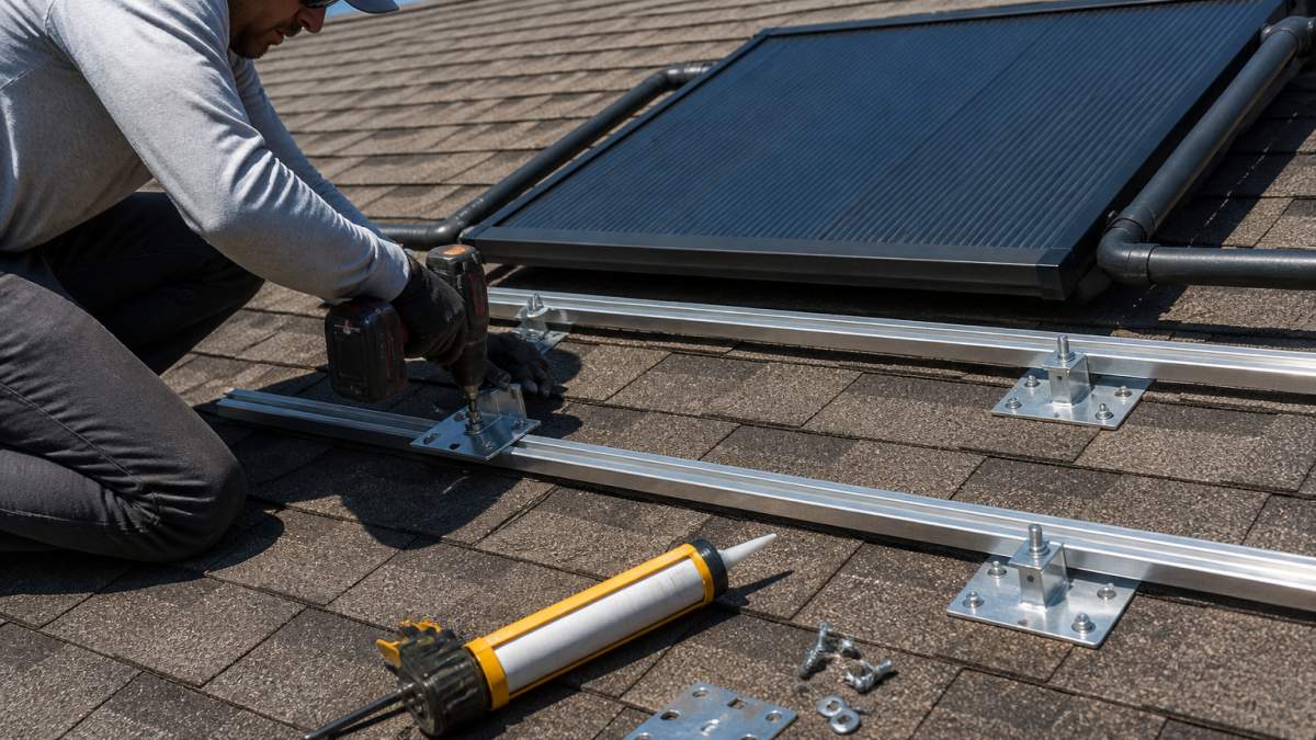 Technician mounting rails on a shingled roof to install black pool solar panels using a drill and sealant