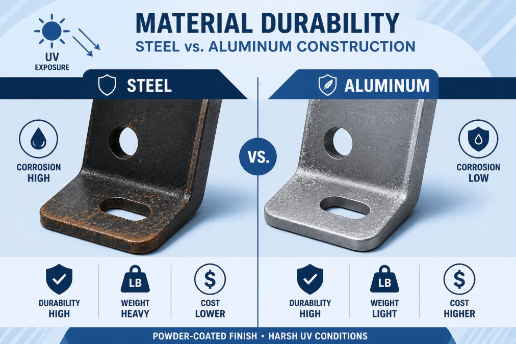 Close-up of powder-coated steel and aluminum mounting brackets side by side, showing weathered surfaces with different corrosion patterns and finish durability under harsh UV lighting
