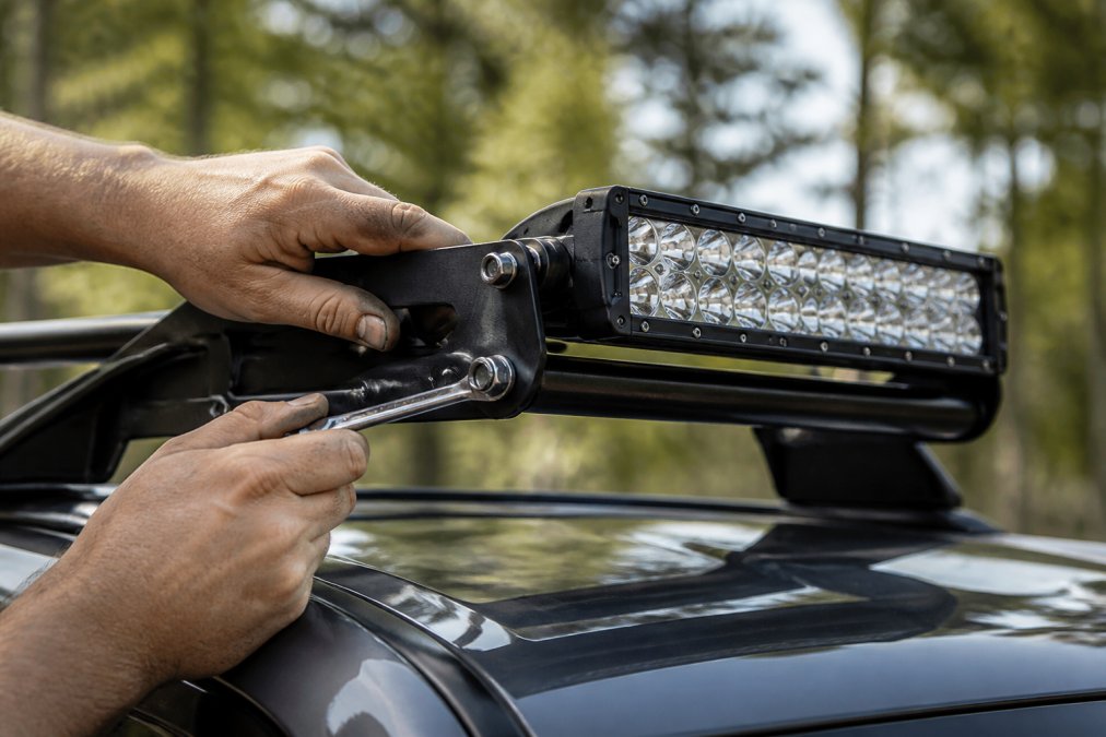 Hands tightening stainless steel fasteners on a light bar mounting bracket during bolt-on installation onto a truck roof rack, with the completed bracket assembly visible